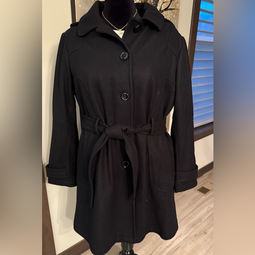 Liz Claiborne Black Wool Hooded Belted Wool Coat